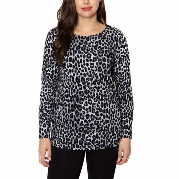MARIO SERRANI Womens Crewneck Animal Print Tunic Top - Gray Leopard - Medium - Picture 1 of 3